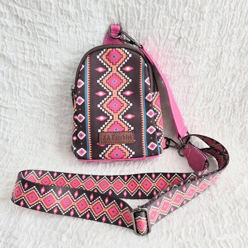 Z&Ezechiel Aztec Print Crossbody‎ Sling Chest Bag Pink Bohemian Ethnic American